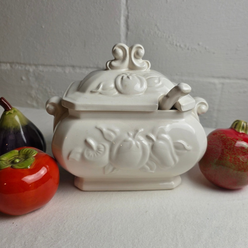 Vintage 50s Himark White Ceramic Fruit Embossed Tureen Lid Ladle Farmhouse Decor